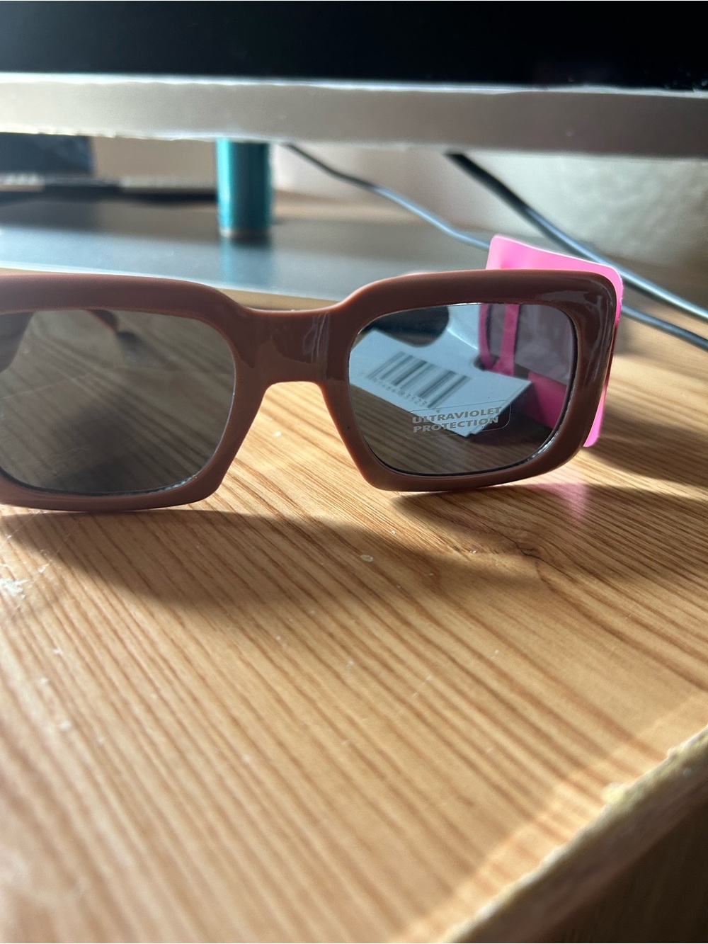 Brown Rectangular Sunglasses with Pink Arms